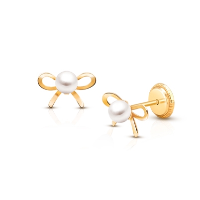 Bows &amp; Pearls, Christening/Baptism Baby/Children&#039;s Earrings, Screw Back - 14K Gold