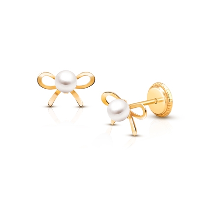 Bows &amp; Pearls, First Holy Communion Children&#039;s Earrings, Screw Back - 14K Gold