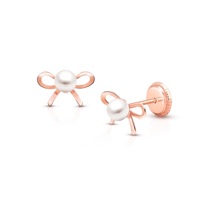Bows &amp; Pearls, First Holy Communion Children&#039;s Earrings, Screw Back - 14K Rose Gold