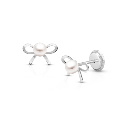 Bows &amp; Pearls, Baby/Children&#039;s Earrings, Screw Back - 14K White Gold