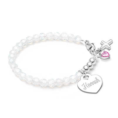 tB® Signature Crystal™ Trademark White Opal, Christening/Baptism Baby/Children’s Beaded Bracelet for Girls (INCLUDES Engraved Charm) - Sterling Silver