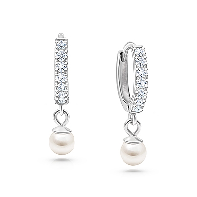 Pavé CZ Huggie Hoops with Pearl Dangle Christening/Baptism Baby/Children&#039;s Earrings, - Sterling Silver