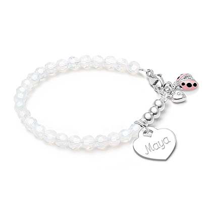 tB® Signature Crystal™ Trademark White Opal, Baby/Children’s Beaded Bracelet for Girls (INCLUDES Engraved Charm) - Sterling Silver