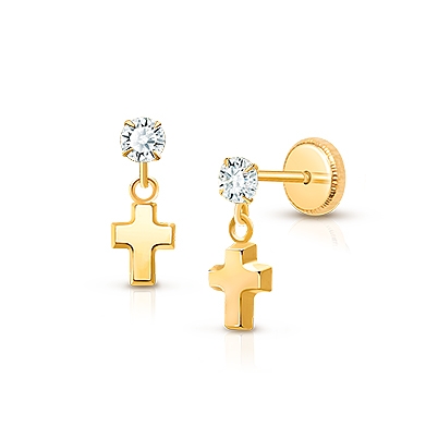 Simple Cross Dangle, Clear CZ  First Holy Communion Children&#039;s Earrings, Screw Back - 14K Gold