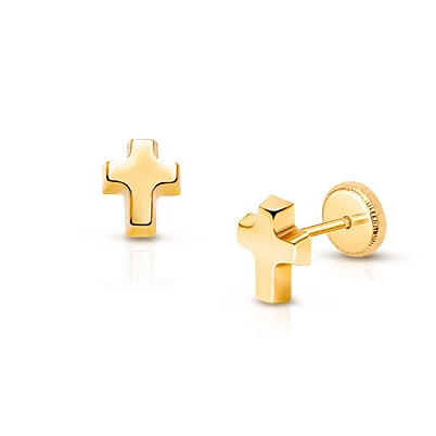 Simple Cross, First Holy Communion Children&#039;s Earrings, Screw Back - 14K Gold
