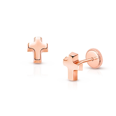 Simple Cross, Baby/Children&#039;s Earrings, Screw Back - 14K Rose Gold