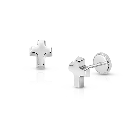 Simple Cross Earring, Baby/Children&#039;s Earrings, Screw Back - 14K White Gold