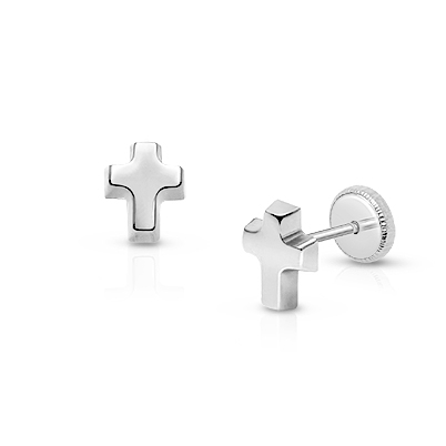 Simple Cross Earring, Mother&#039;s Earrings, Screw Back - 14K White Gold
