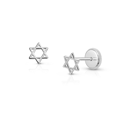 Star of David, Tiny Teen&#039;s Earrings, Screw Back - 14K White Gold