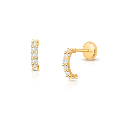 Sweet &amp; Petite Half Hoop, Clear CZ Teen’s Earrings, Screw Back - 14K Gold