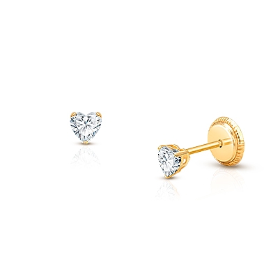 Teeny Tiny Heart Studs, 3mm Clear CZ Baby/Children&#039;s Earrings, Screw Back - 14K Gold