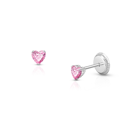 Teeny Tiny Heart Studs, 3mm Pink CZ Christening/Baptism Baby/Children&#039;s Earrings, Screw Back - 14K White Gold