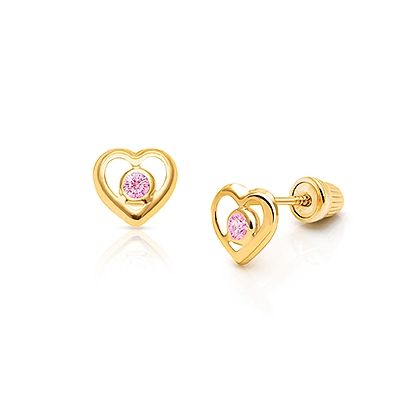 Tiny 14K Yellow Gold Heart Stud Earrings in Cubic Zirconia CZ Birth Month with Secure Screw Backs