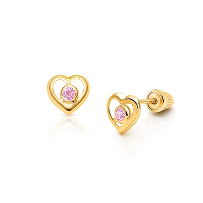 Tender Heart, Pink CZ Baby/Children&#039;s Earrings, Screw Back - 14K Gold