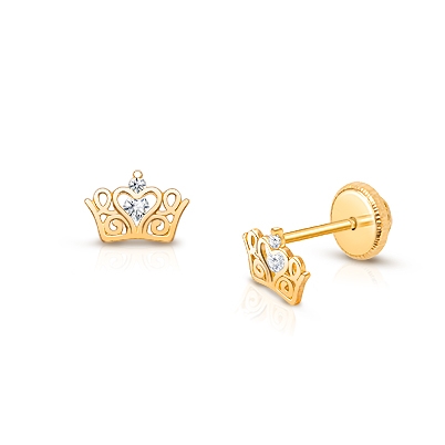 Tiny Tiara, Clear CZ Crown Baby/Children&#039;s Earrings, Screw Back - 14K Gold