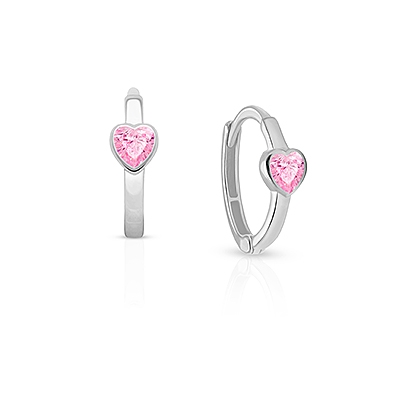 True Love, Pink CZ Heart Baby/Children&#039;s Huggie Hoop Earrings - 14K White Gold