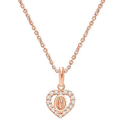 Virgin Mary, Clear CZ Heart Children&#039;s Necklace for Girls - 14K Rose Gold