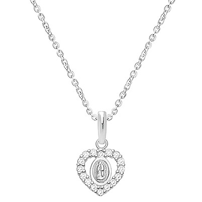 Virgin Mary, Clear CZ Heart Teen&#039;s Necklace for Girls - 14K White Gold