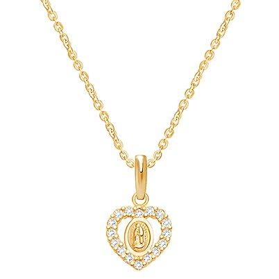 Virgin Mary, Pavé CZ Heart, Baby/Children&#039;s Necklace - 14K Gold