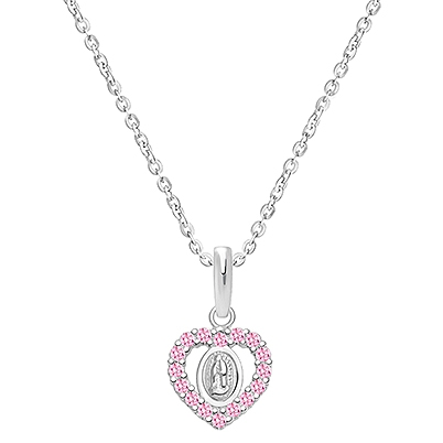 Virgin Mary, Pink CZ Heart Children&#039;s Necklace for Girls - 14K White Gold