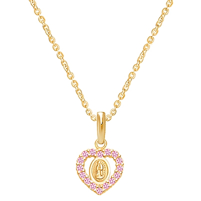 Virgin Mary, Pink CZ Heart Children&#039;s Necklace for Girls - 14K Gold