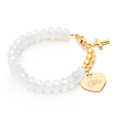 tB® Briolette Crystal™ White Opal Christening/Baptism Baby/Children’s Beaded Bracelet for Girls (INCLUDES Engraved Charm) - 14K Gold