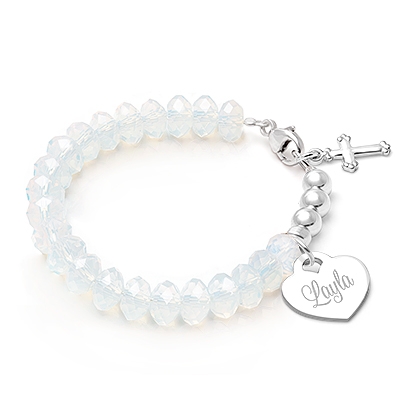 tB® Briolette Crystal™ White Opal Christening/Baptism Baby/Children’s Beaded Bracelet for Girls (INCLUDES Engraved Charm) - Sterling Silver