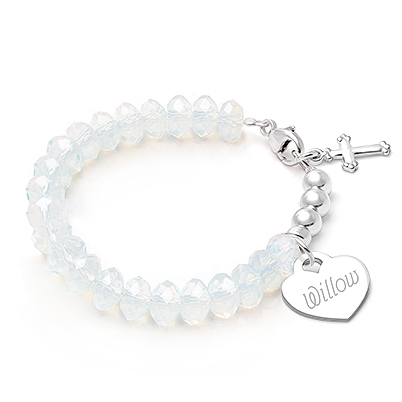 tB® Briolette Crystal™ White Opal Baby/Children’s Beaded Bracelet for Girls (INCLUDES Engraved Charm) - Sterling Silver