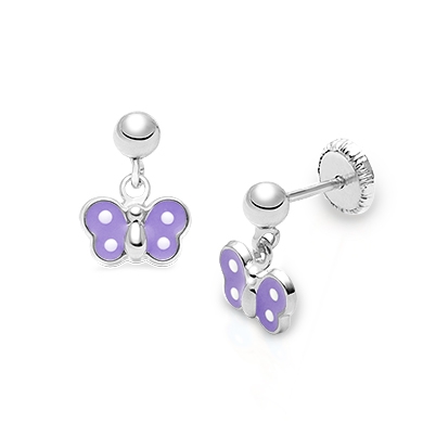Winsome Wings Dangle, Purple Enamel Butterfly Baby/Children&#039;s Earrings, Screw Back - 14K White Gold