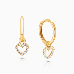 11mm Classic Huggie Hoops with Pavé Heart Dangle, Baby/Children&#039;s Earrings - 14K Gold