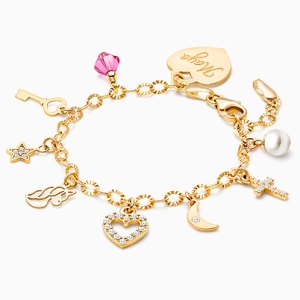 14K Gold Charm Bracelet, Design Your Own Baby/Children’s Link Chain Bracelet for Girls (INCLUDES Engraved Heart) - 14K Gold