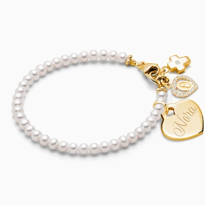 3mm Cultured Pearls, Christening/Baptism Baby/Children&#039;s Beaded Bracelet for Girls (INCLUDES Engraved Charm) - 14K Gold