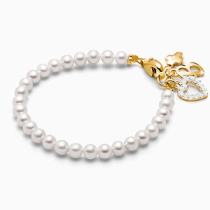 4mm Cultured Pearls Christening/Baptism Baby/Children&#039;s Beaded Bracelet - 14K Gold