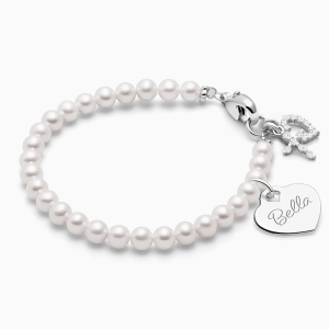 4mm Cultured Pearls, Christening/Baptism Baby/Children&#039;s Beaded Bracelet for Girls (INCLUDES Engraved Charm) - Sterling Silver