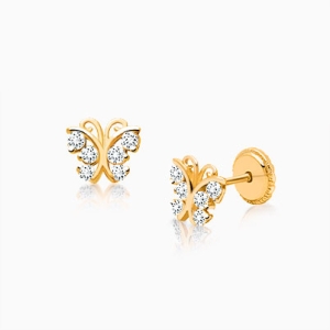 Curly Butterfly, Clear Pavé CZ Baby/Children&#039;s Earrings, Screw Back - 14K Gold