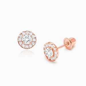 Blissful Halo, Clear Pavé CZ Baby/Children&#039;s Earrings, Screw Back - 14K Rose Gold
