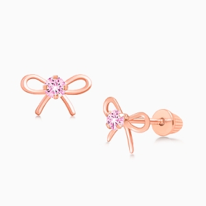 Bows &amp; Bling, Pink CZ Teen&#039;s Earrings, Screw Back - 14K Rose Gold
