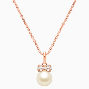 Miss Mouse Bow with Pearl Children&#039;s Necklace (Includes Chain) - 14K Rose Gold