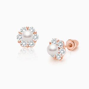 Regal Radiance, Clear CZ Baby/Children&#039;s Earrings, Screw Back - 14K Rose Gold