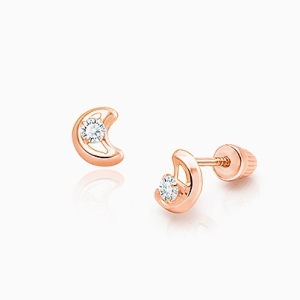 Moon Beam, Clear CZ Baby/Children&#039;s Earrings, Screw Back - 14K Rose Gold