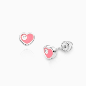 Sweet Heart with Genuine Diamond, Baby/Children&#039;s Earrings, Screw Back - 14K White Gold