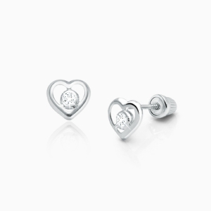 Tender Heart, Clear CZ Baby/Children&#039;s Earrings, Screw Back - 14K White Gold