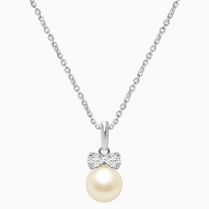 Miss Mouse Bow with Pearl Teen&#039;s Necklace (Includes Chain) - 14K White Gold