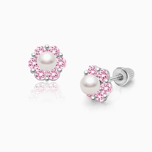 Regal Radiance, Pink CZ Teen&#039;s Earrings, Screw Back - 14K White Gold