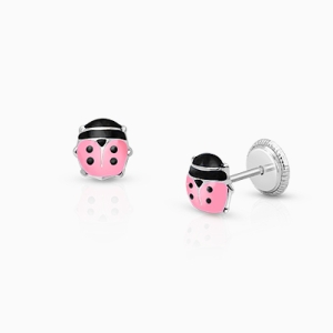 Lil&#039; Ladybug, Pink Enamel, Baby/Children&#039;s Earrings, Screw Back - 14K White Gold
