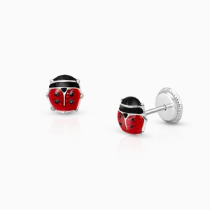 Lil&#039; Ladybug, Red Enamel, Baby/Children&#039;s Earrings, Screw Back - 14K White Gold