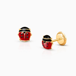 Lil&#039; Ladybug, Red Enamel, Baby/Children&#039;s Earrings, Screw Back - 14K Gold