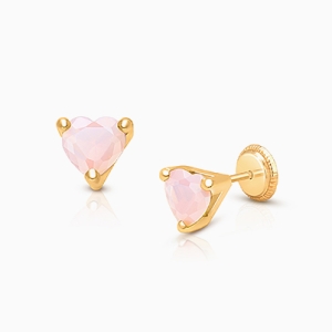 Pink Opal CZ Heart, Teen&#039;s Earrings, Screw Back - 14K Gold