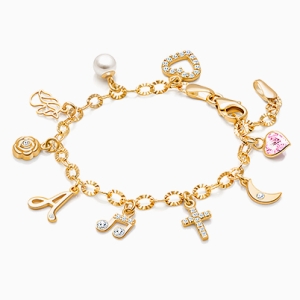 14K Gold Charm Bracelet, Design Your Own Christening/Baptism Baby/Children’s Link Chain Bracelet for Girls (INCLUDES Diamond Initial &amp; Religious Charm) - 14K Gold