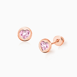 Perfect Love, Pink CZ Heart, Baby/Children&#039;s Earrings, Screw Back - 14K Rose Gold